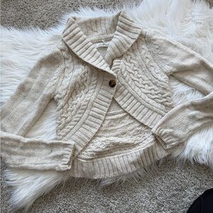 Vintage Aeropostale Wool Blend Cozy Cream Cable Knit Sweater Shawl Cardigan